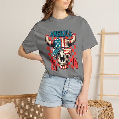 America 1776 Bull Skull T-Shirt — Patriotic Flag Graphic Tee for 4th of July