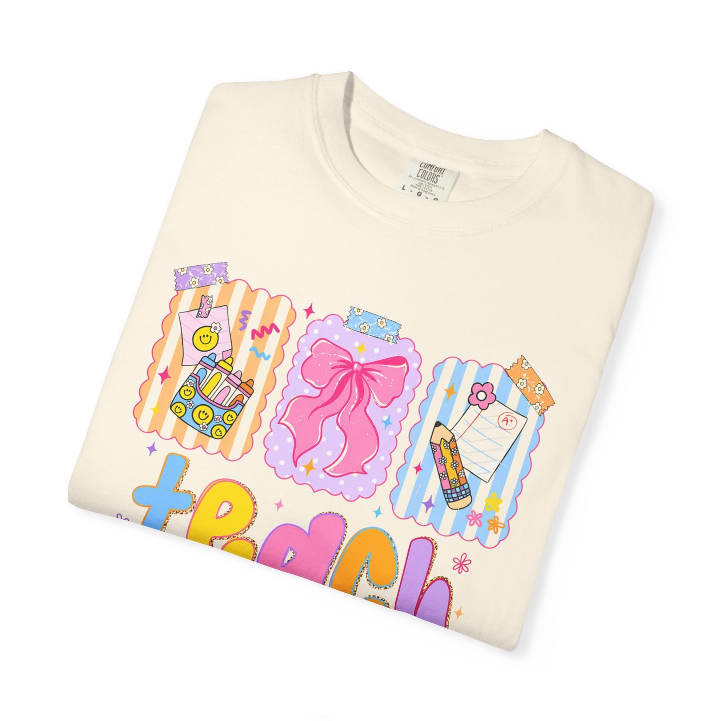 Teacher Gift T‑Shirt — Colorful 'Teach' Classroom Apple & Supplies Design