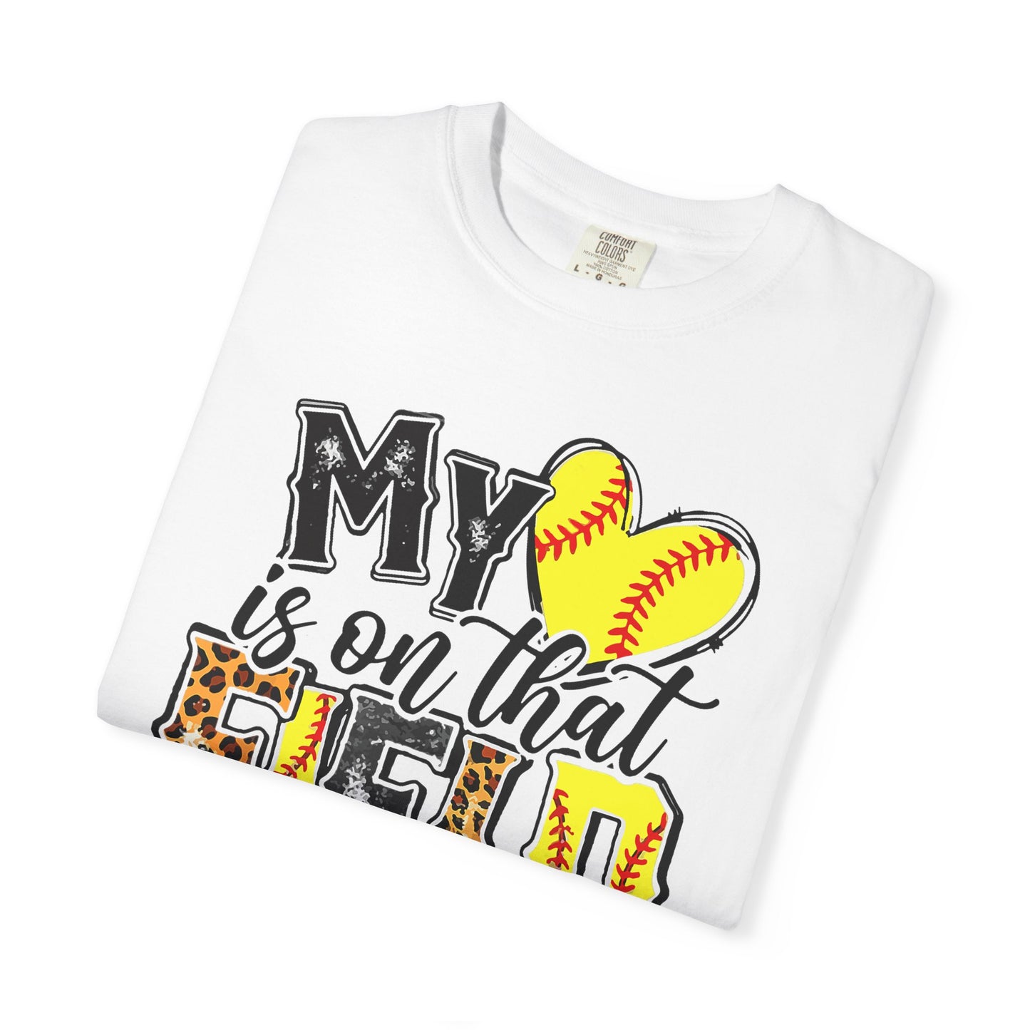 Softball Mom T-Shirt - "My Heart is on That Field" Leopard Stitch Design