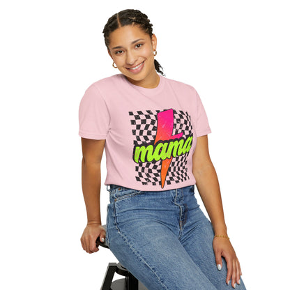 Mama Lightning Bolt T-Shirt — Retro Neon Checkered Graphic Tee for Moms
