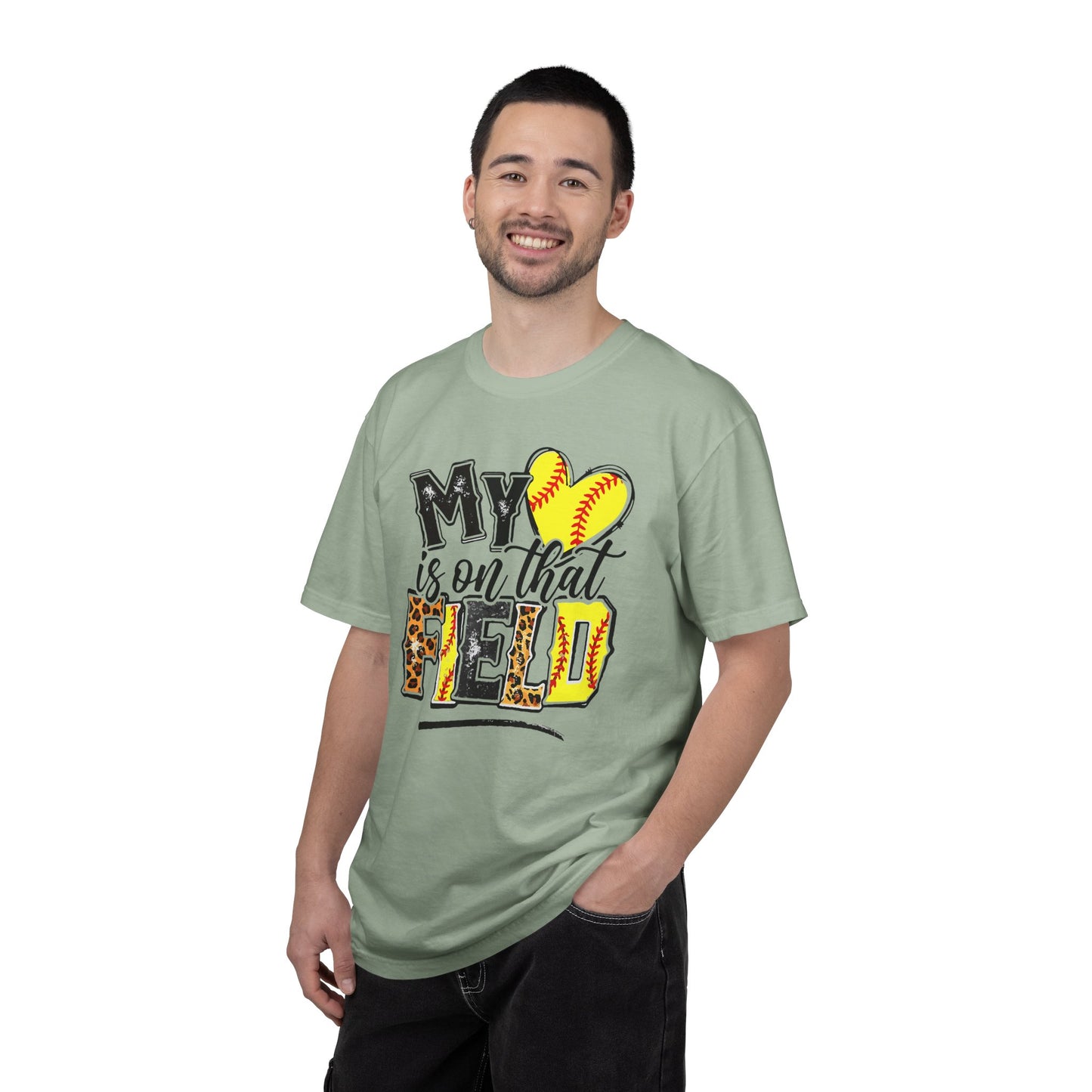 Softball Mom T-Shirt - "My Heart is on That Field" Leopard Stitch Design