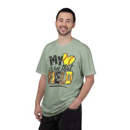 Softball Mom T-Shirt - "My Heart is on That Field" Leopard Stitch Design