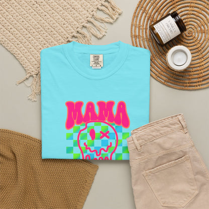 Mama Meltdown Graphic T-Shirt — Neon Checkerboard Drip Design