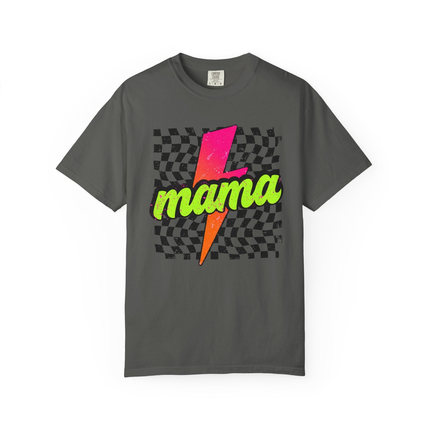 Mama Lightning Bolt T-Shirt — Retro Neon Checkered Graphic Tee for Moms