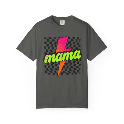 Mama Lightning Bolt T-Shirt — Retro Neon Checkered Graphic Tee for Moms