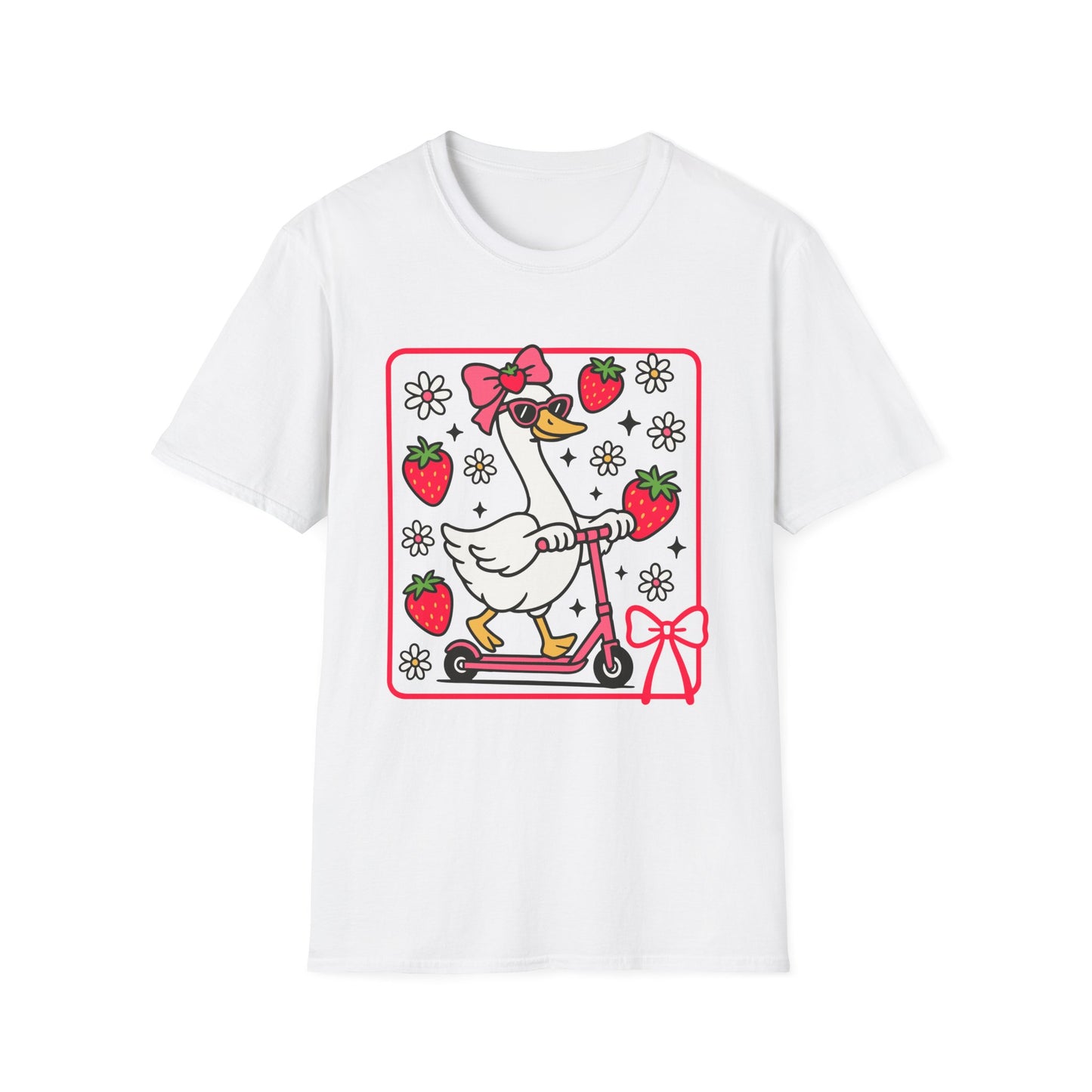 Cute Goose on Scooter T‑Shirt — Strawberry & Bow Graphic Tee