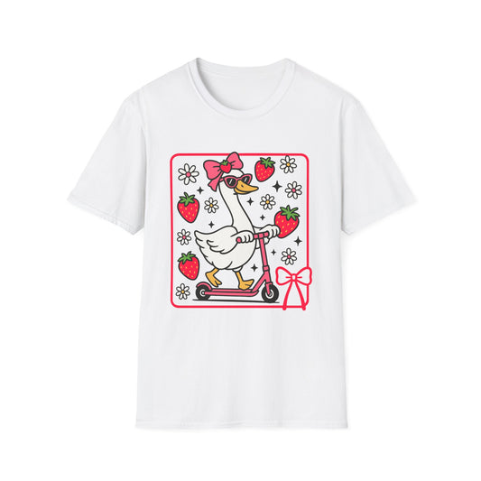 Cute Goose on Scooter T‑Shirt — Strawberry & Bow Graphic Tee