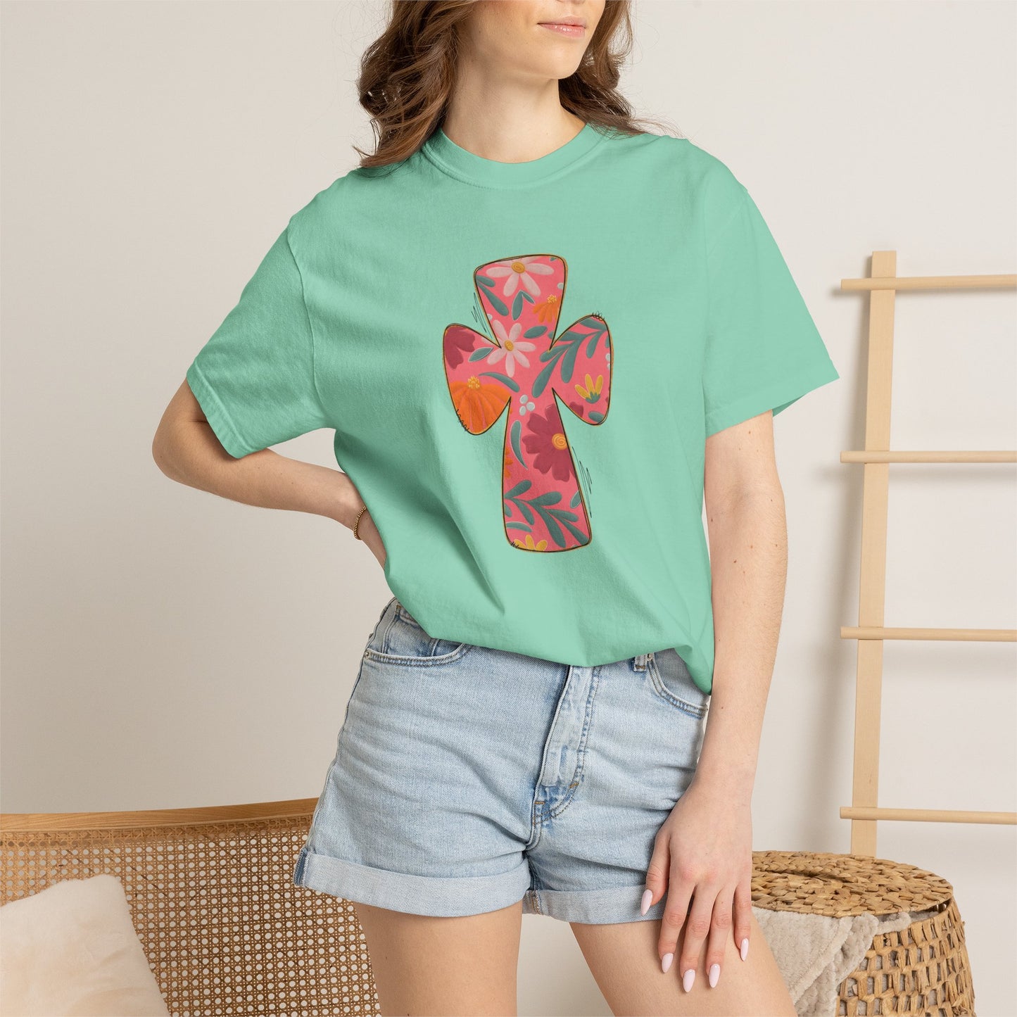 Floral Cross T-Shirt — Tropical Flower Graphic Tee