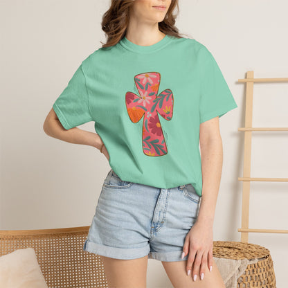 Floral Cross T-Shirt — Tropical Flower Graphic Tee