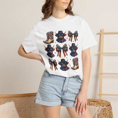Patriotic Cowboy Icons T-Shirt — Western Boots, Hats & Bows Graphic Tee