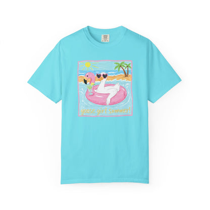 Summer Flamingo Pool Float T-Shirt – ‘Good Vibes & Sunshine’ Beach Tee