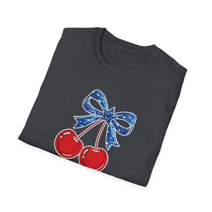 Cherry Graphic T-Shirt — Vintage Red Cherries with Blue Bow