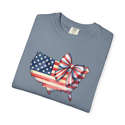 USA Flag Map T‑Shirt with Patriotic Bow — Fourth of July American Pride Tee