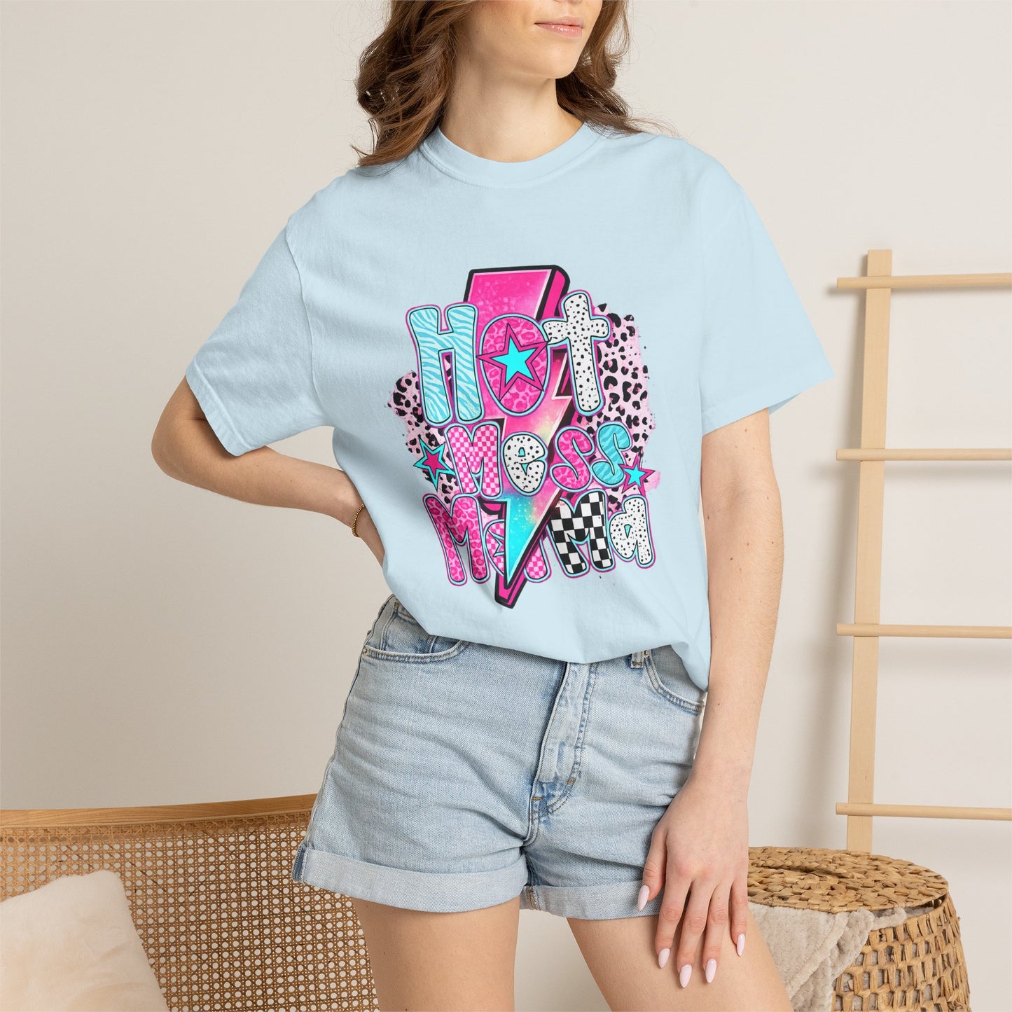 Retro Hot Mess Mama T-Shirt — Pink Lightning Graphic Tee