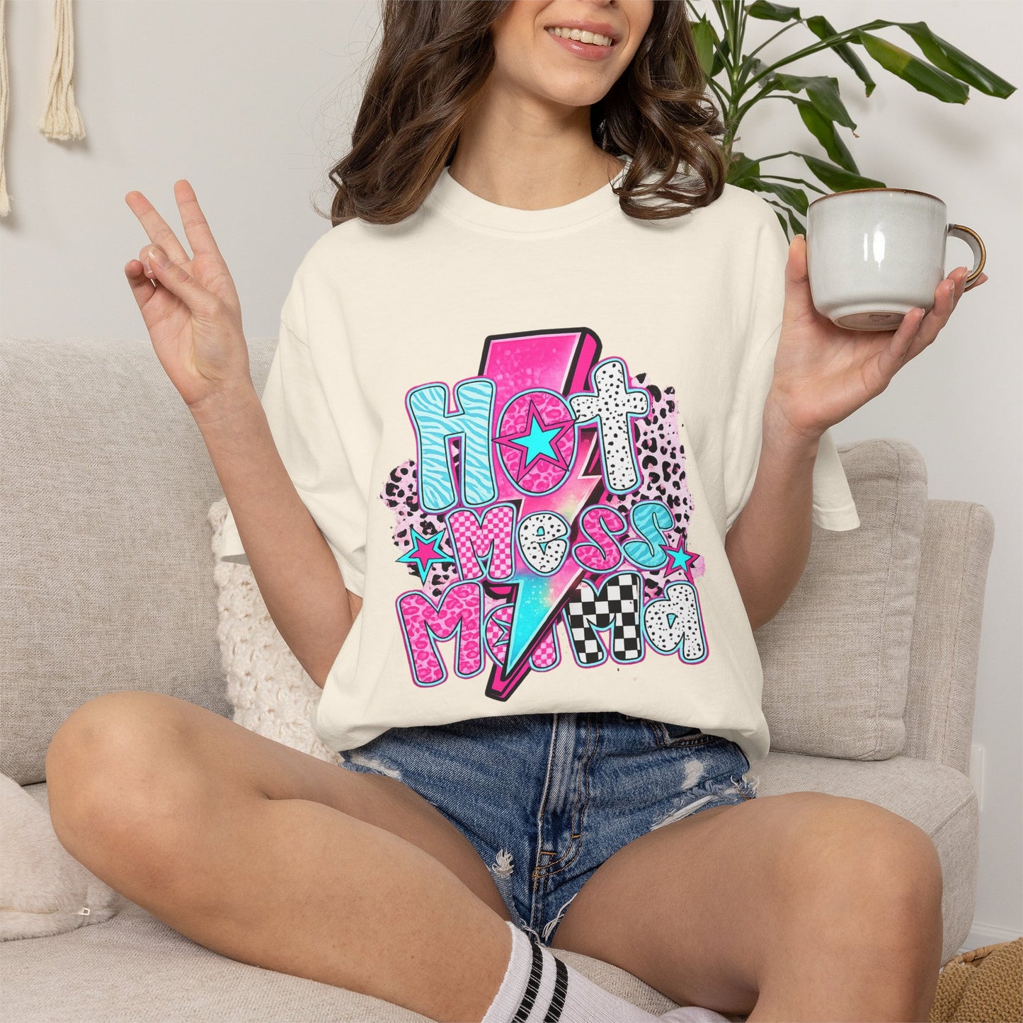 Retro Hot Mess Mama T-Shirt — Pink Lightning Graphic Tee