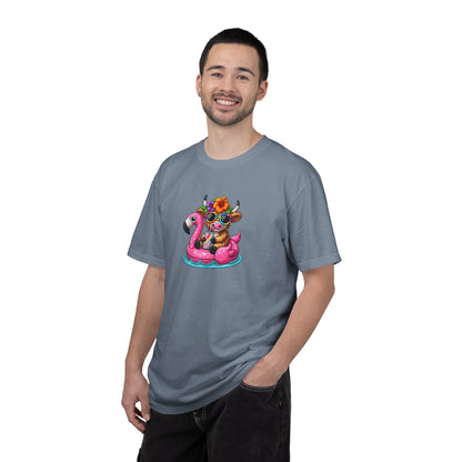 Cute cow on Pink Flamingo Float Graphic T-Shirt — Summer Pool Party Tee