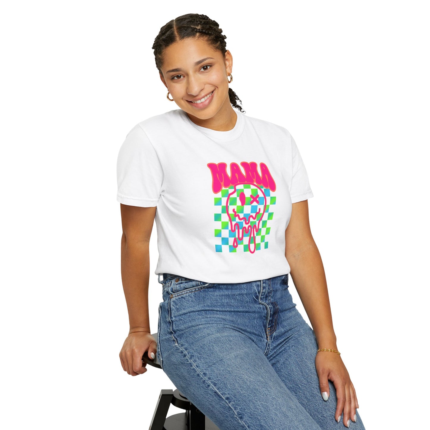 Mama Meltdown Graphic T-Shirt — Neon Checkerboard Drip Design