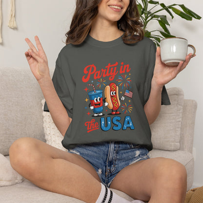 Party in the USA T-Shirt — Patriotic Hot Dog & Soda 4th of July Tee