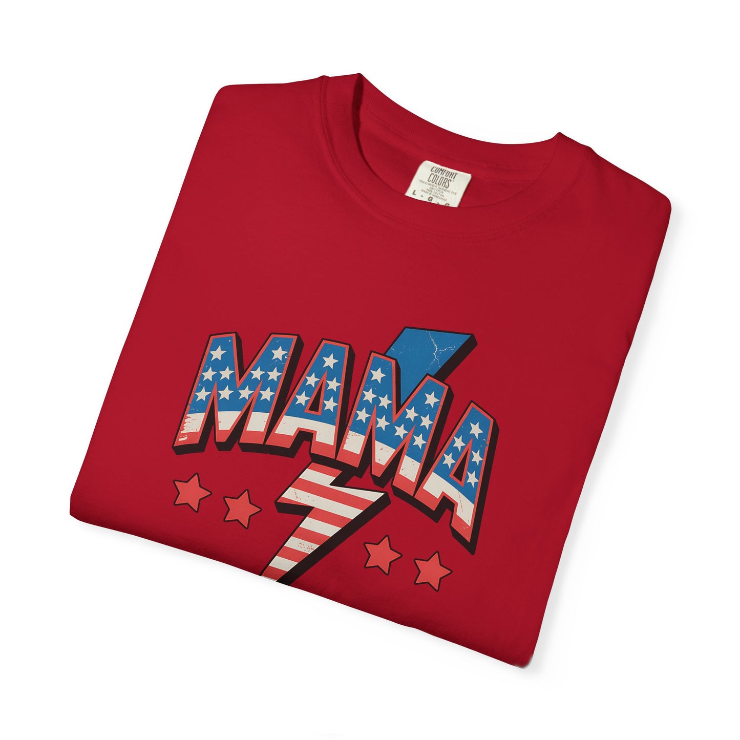Mama Lightning Bolt Graphic Tee — Patriotic Stars & Stripes Mom T-Shirt