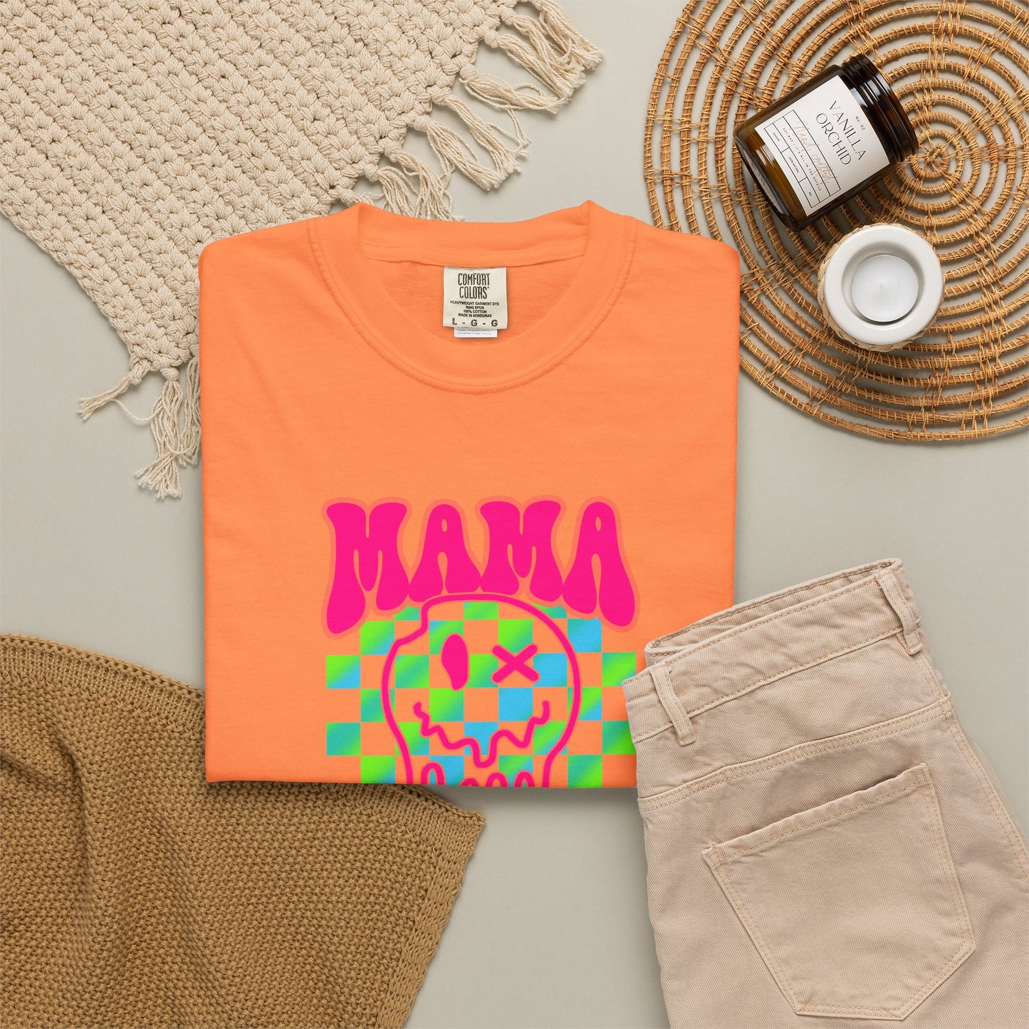 Mama Meltdown Graphic T-Shirt — Neon Checkerboard Drip Design
