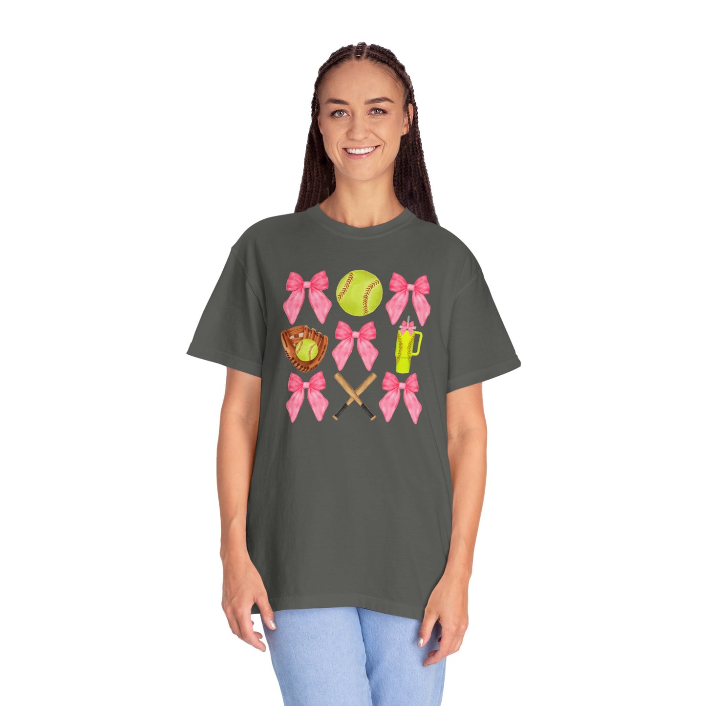 Softball Mom Graphic T‑Shirt — Pink Bows, Glove & Bat Design