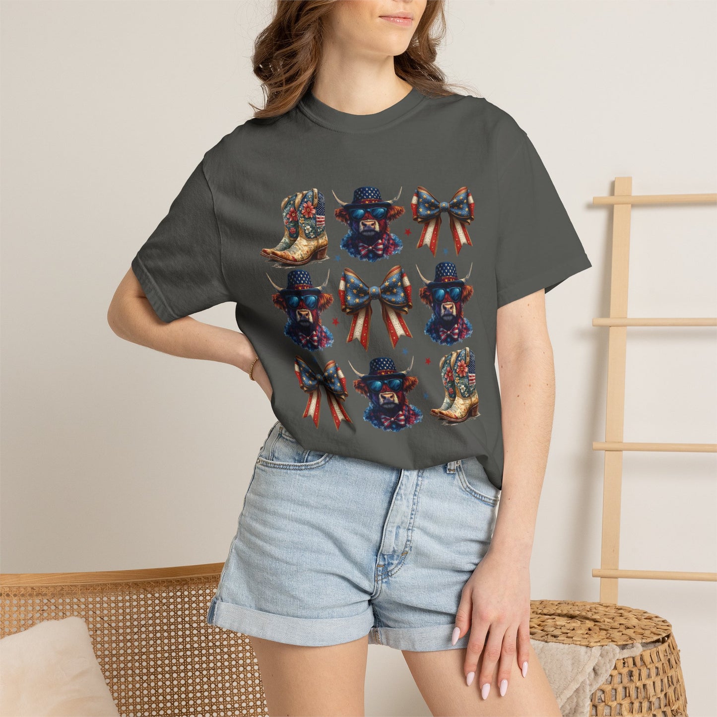 Patriotic Cowboy Icons T-Shirt — Western Boots, Hats & Bows Graphic Tee