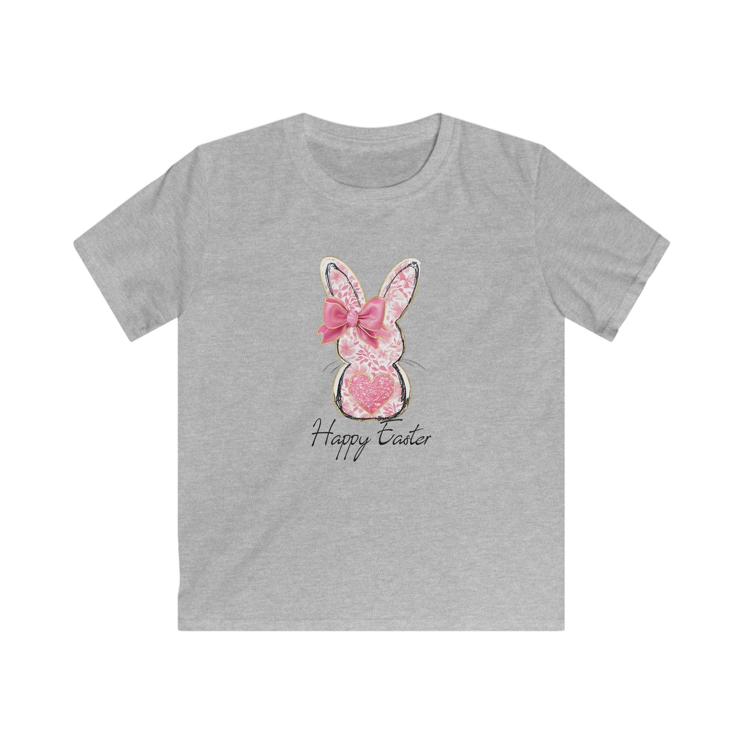Easter Bunny Kids Tee — Pink Glitter Bunny with Bow, "Happy Easter" Kids T-Shirt