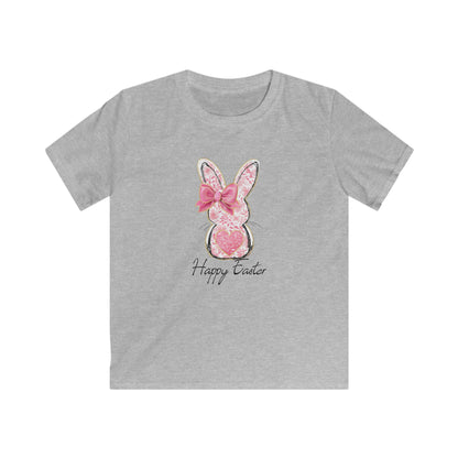 Easter Bunny Kids Tee — Pink Glitter Bunny with Bow, "Happy Easter" Kids T-Shirt