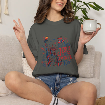 She Loves Jesus & America Tee — Patriotic Statue of Liberty Christian T-Shirt