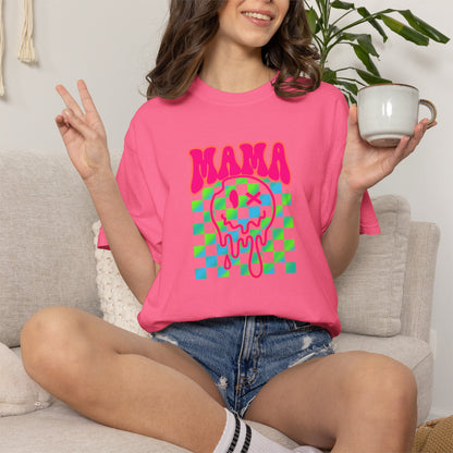 Mama Meltdown Graphic T-Shirt — Neon Checkerboard Drip Design