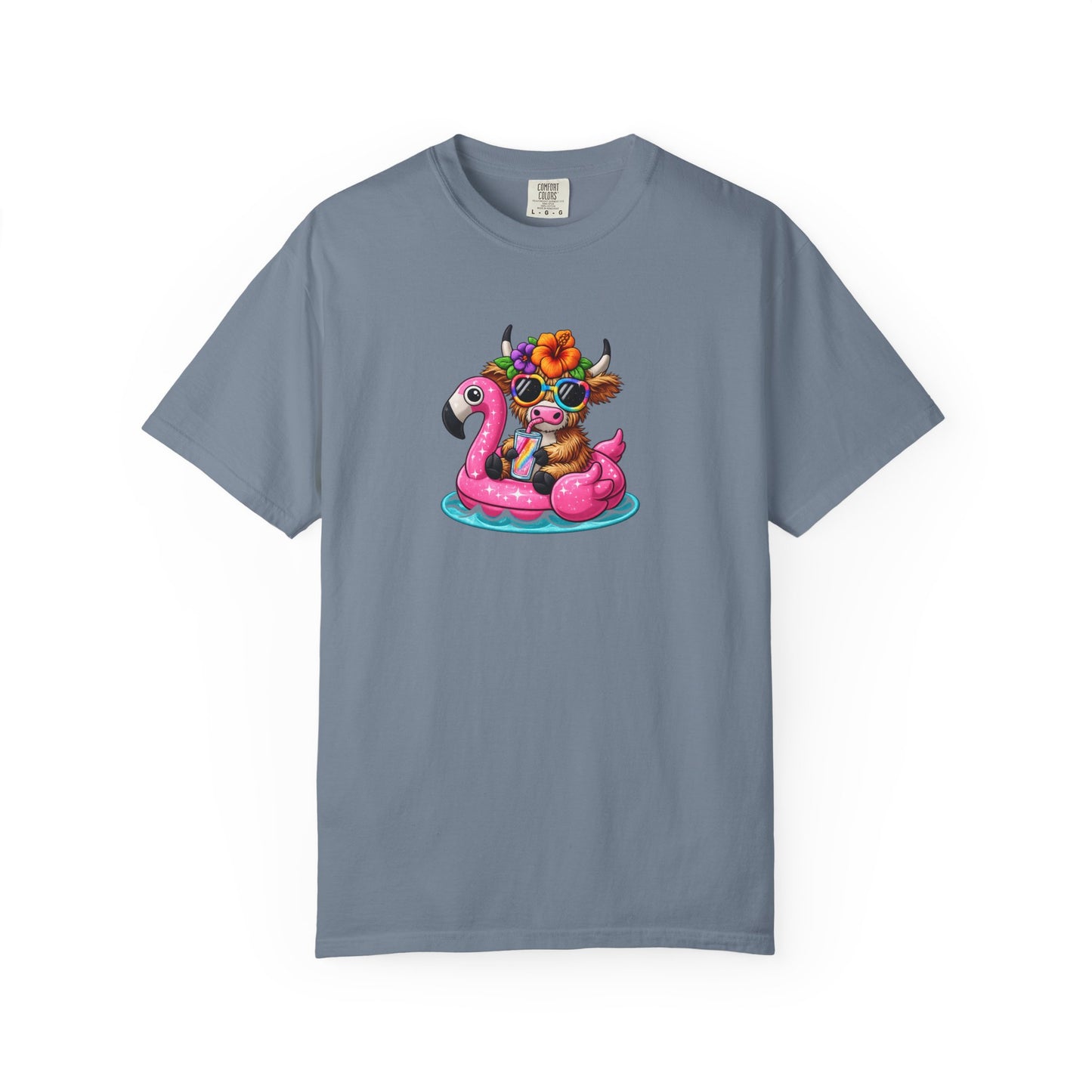 Cute cow on Pink Flamingo Float Graphic T-Shirt — Summer Pool Party Tee