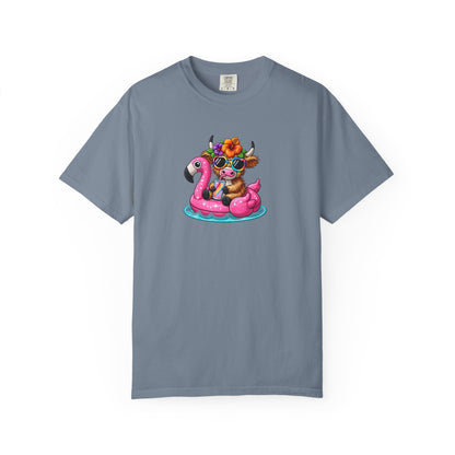 Cute cow on Pink Flamingo Float Graphic T-Shirt — Summer Pool Party Tee
