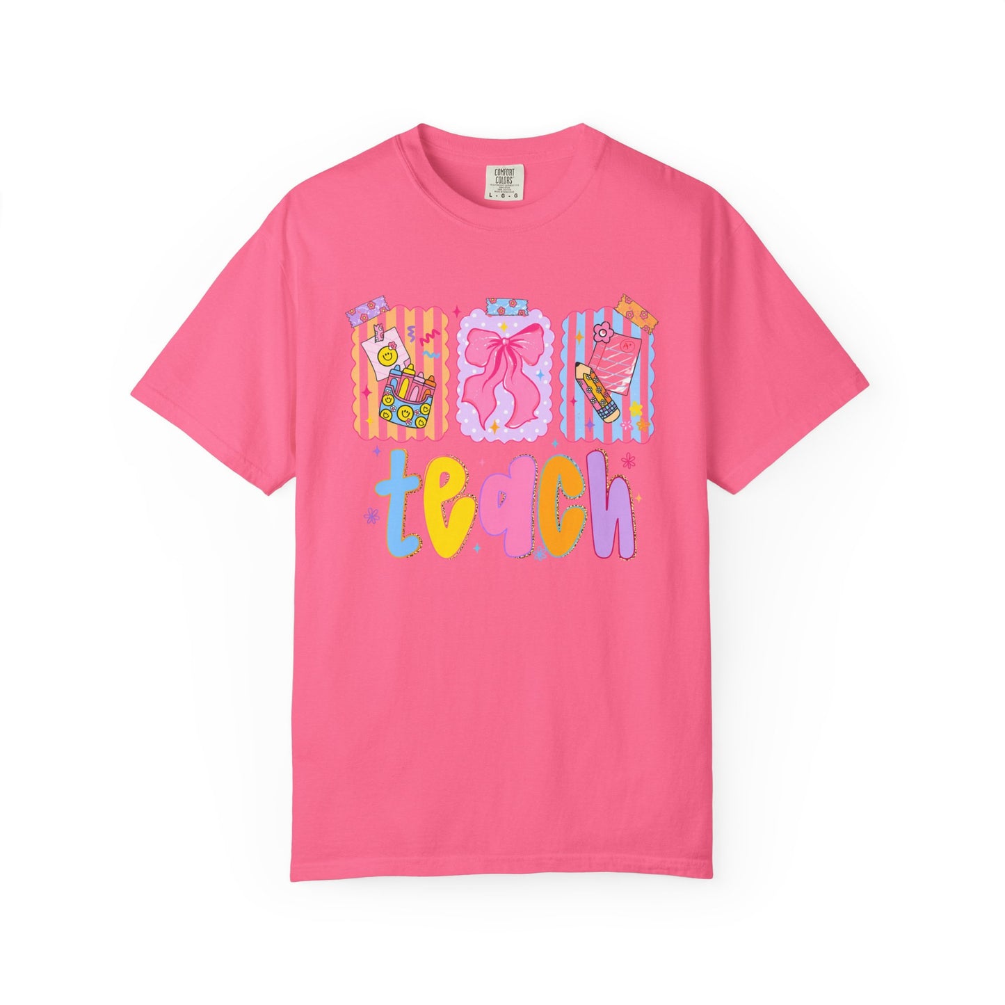 Teacher Gift T‑Shirt — Colorful 'Teach' Classroom Apple & Supplies Design