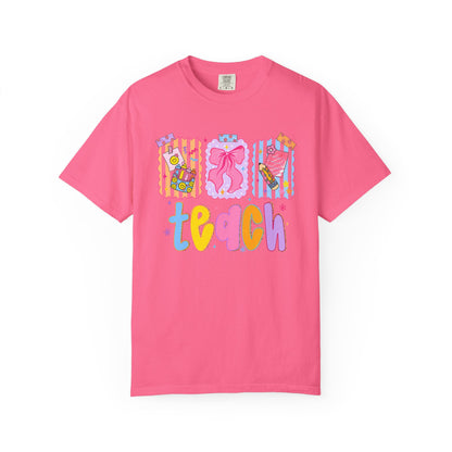 Teacher Gift T‑Shirt — Colorful 'Teach' Classroom Apple & Supplies Design