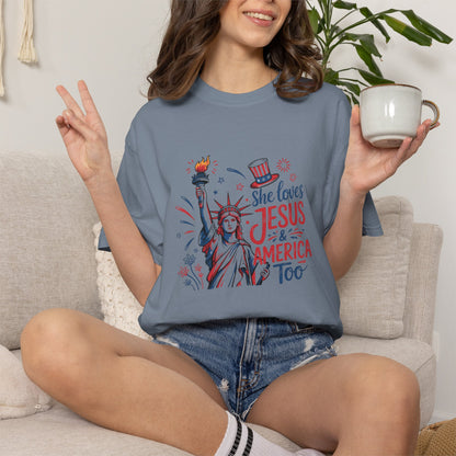 She Loves Jesus & America Tee — Patriotic Statue of Liberty Christian T-Shirt