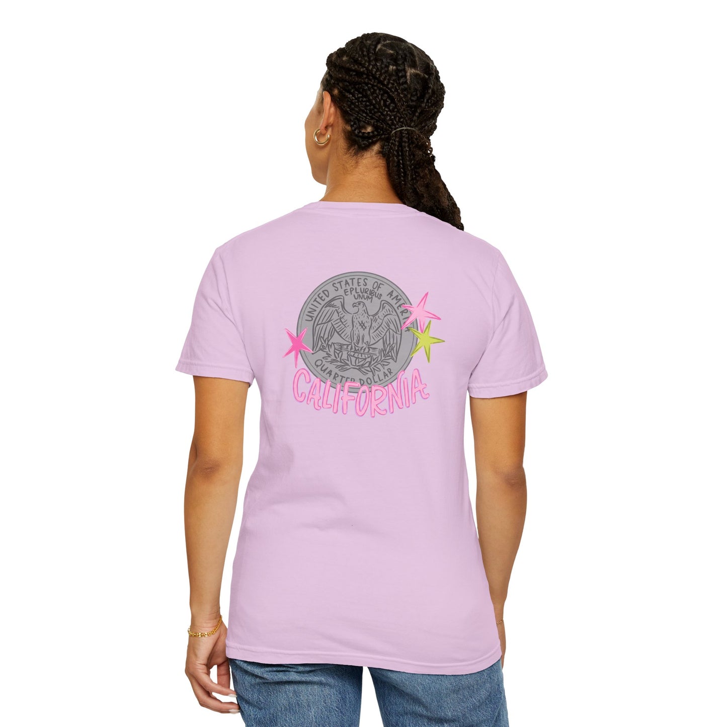 California Coin Graphic Tee — 'California' Retro Neon Stars T-Shirt