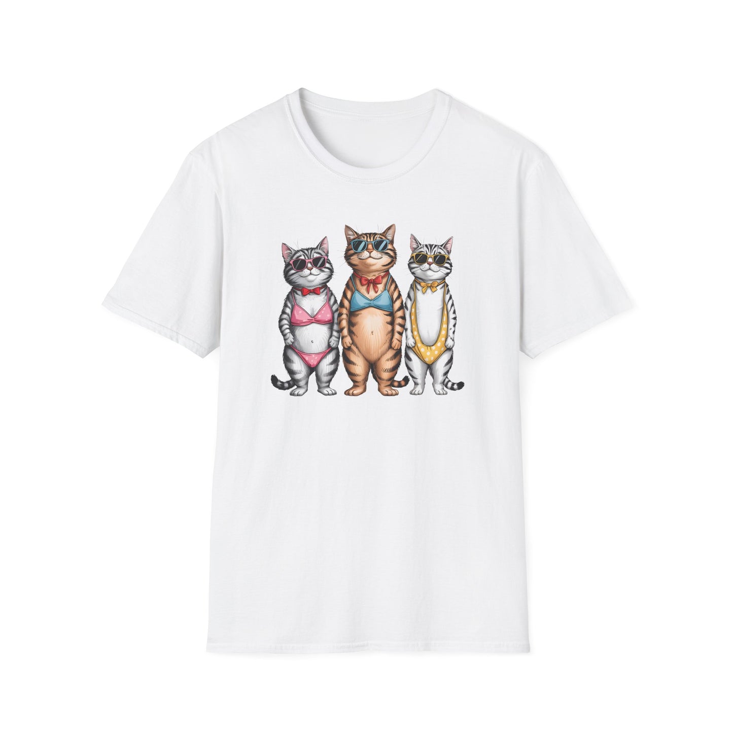 Funny Cats in Bathing Suits T-Shirt — Retro Trio Cat Beach Tee