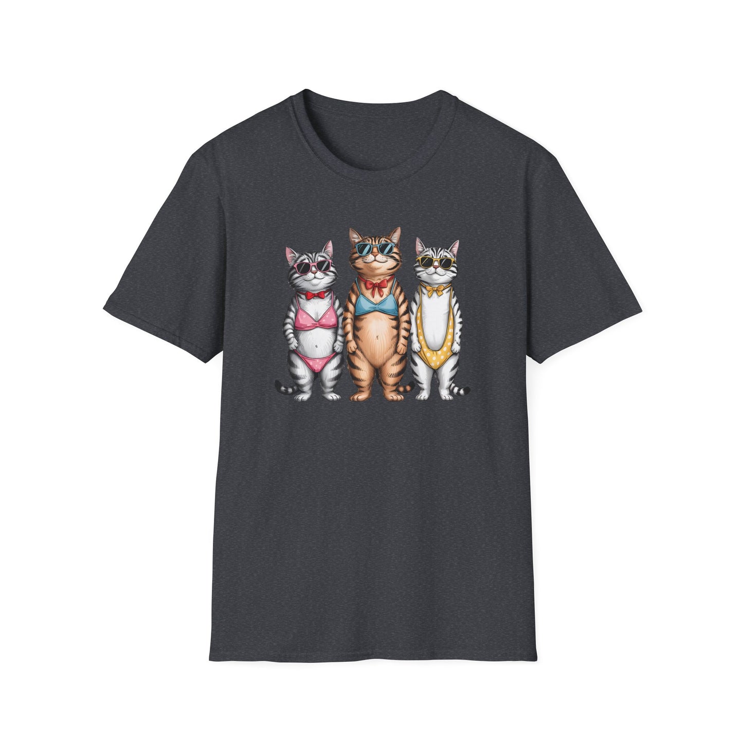 Funny Cats in Bathing Suits T-Shirt — Retro Trio Cat Beach Tee