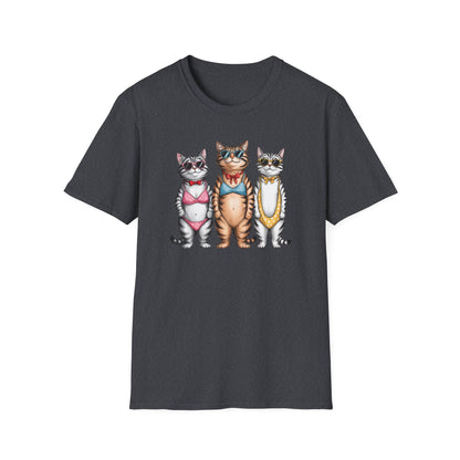 Funny Cats in Bathing Suits T-Shirt — Retro Trio Cat Beach Tee