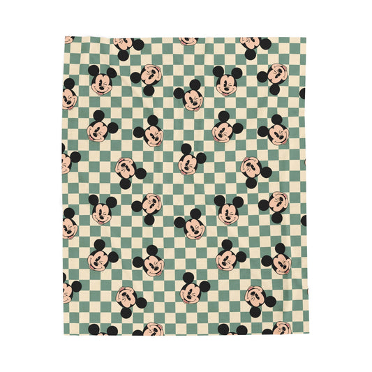Vintage Mickey Mouse Checkered Velveteen Plush Blanket — Cute Retro Disney Throw