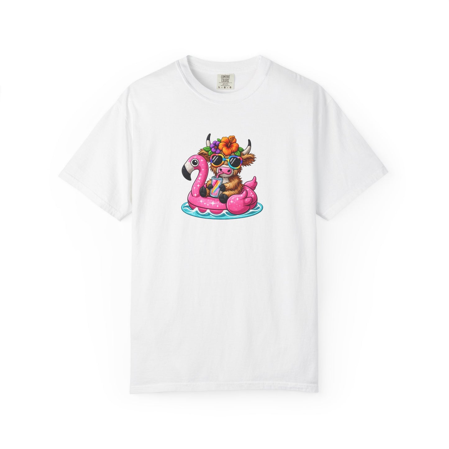 Cute cow on Pink Flamingo Float Graphic T-Shirt — Summer Pool Party Tee