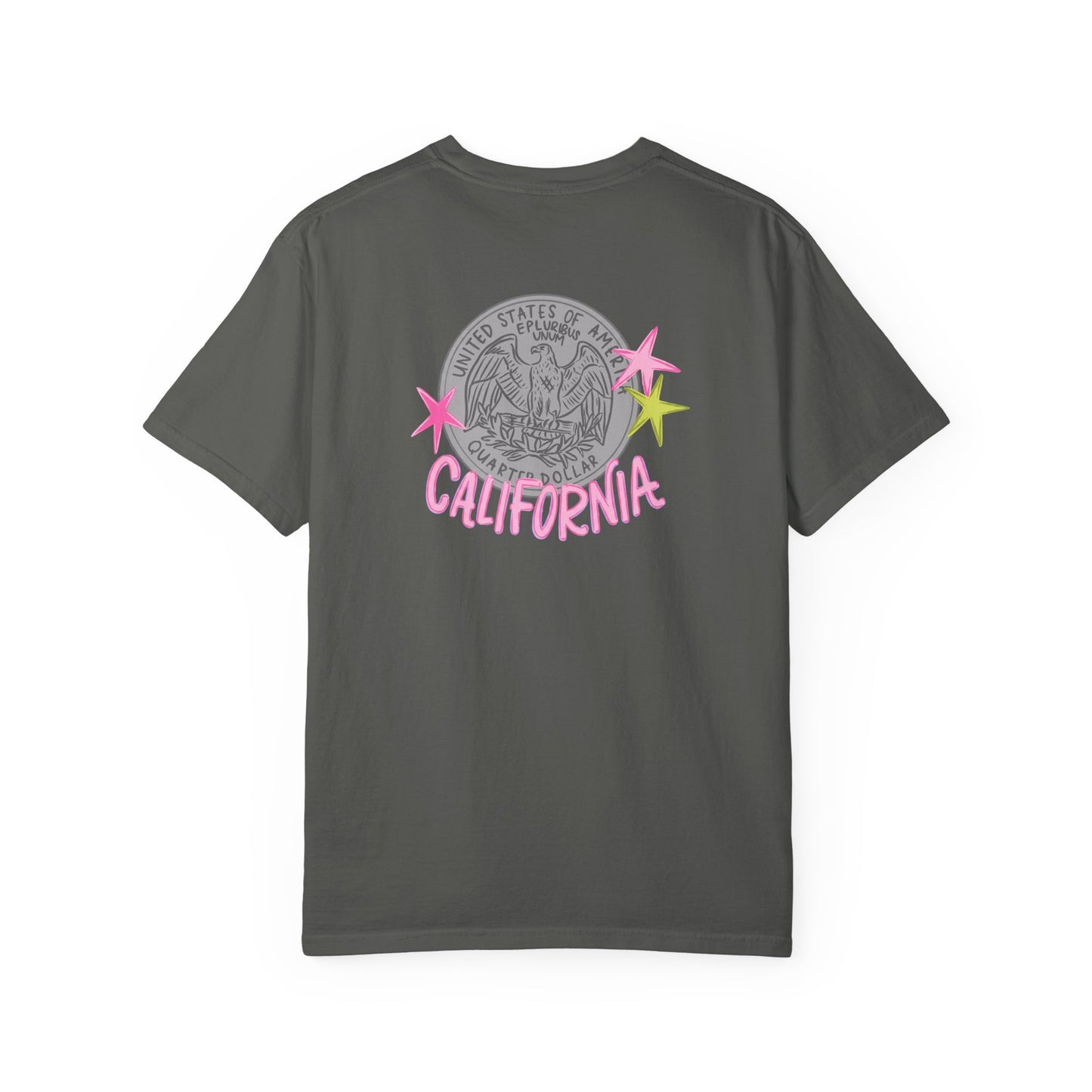 California Coin Graphic Tee — 'California' Retro Neon Stars T-Shirt