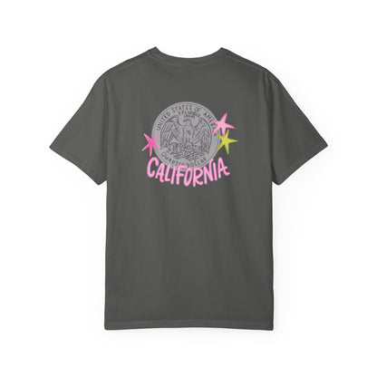 California Coin Graphic Tee — 'California' Retro Neon Stars T-Shirt