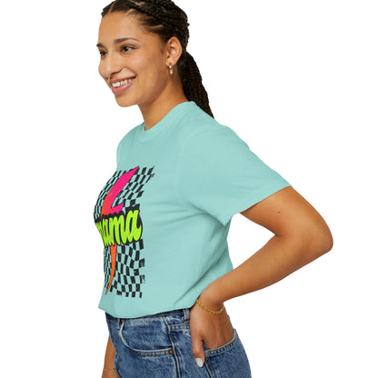 Mama Lightning Bolt T-Shirt — Retro Neon Checkered Graphic Tee for Moms