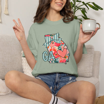 Georgia Floral State T-Shirt — GA Heart Bow Design