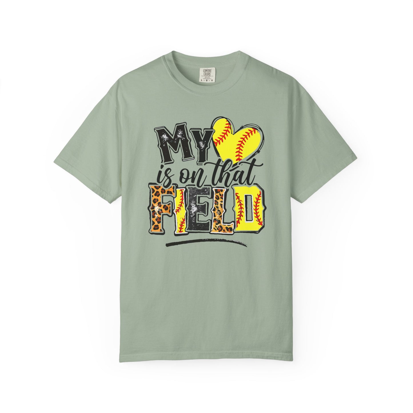 Softball Mom T-Shirt - "My Heart is on That Field" Leopard Stitch Design