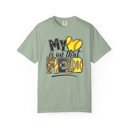 Softball Mom T-Shirt - "My Heart is on That Field" Leopard Stitch Design