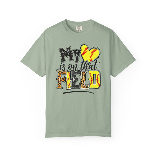 Softball Mom T-Shirt - "My Heart is on That Field" Leopard Stitch Design