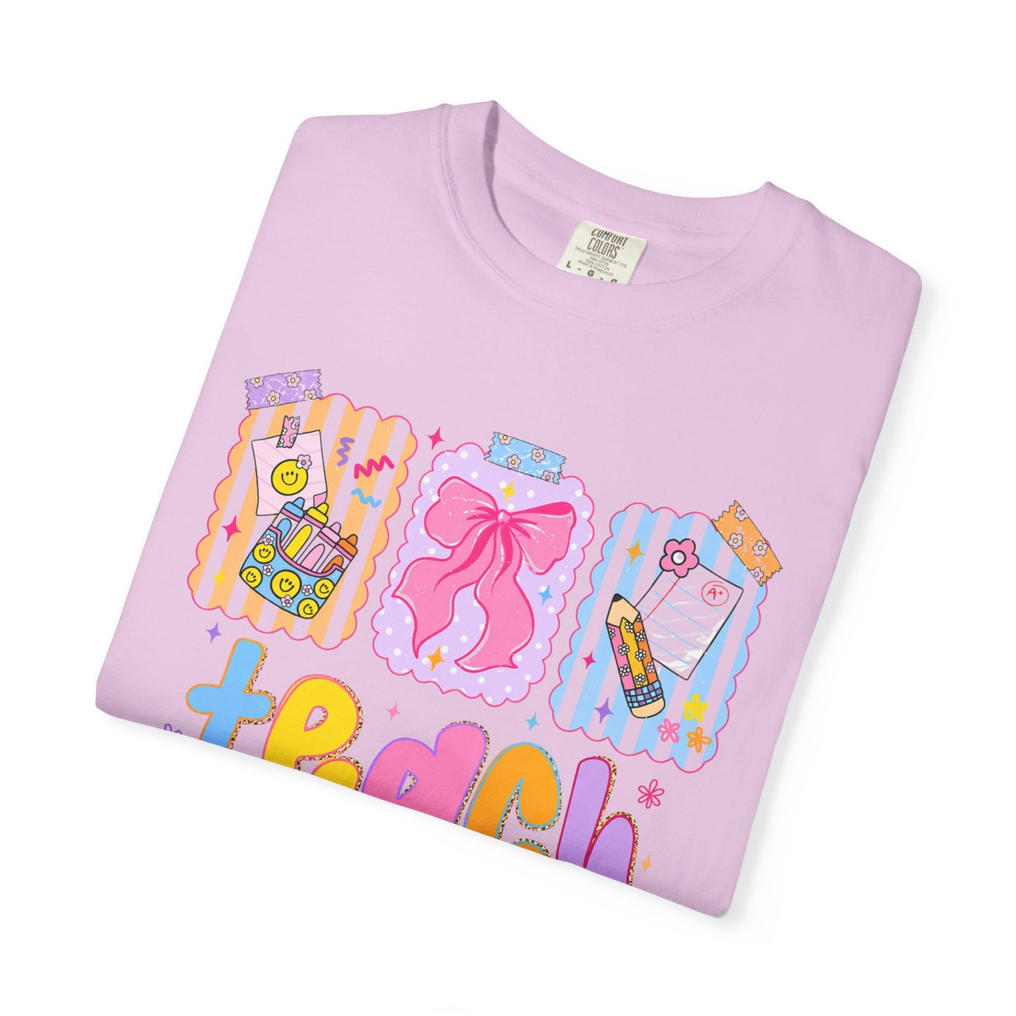 Teacher Gift T‑Shirt — Colorful 'Teach' Classroom Apple & Supplies Design