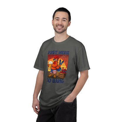 T-Shirt — "Just Here to Bang" Rooster Liberty BBQ Graphic Tee